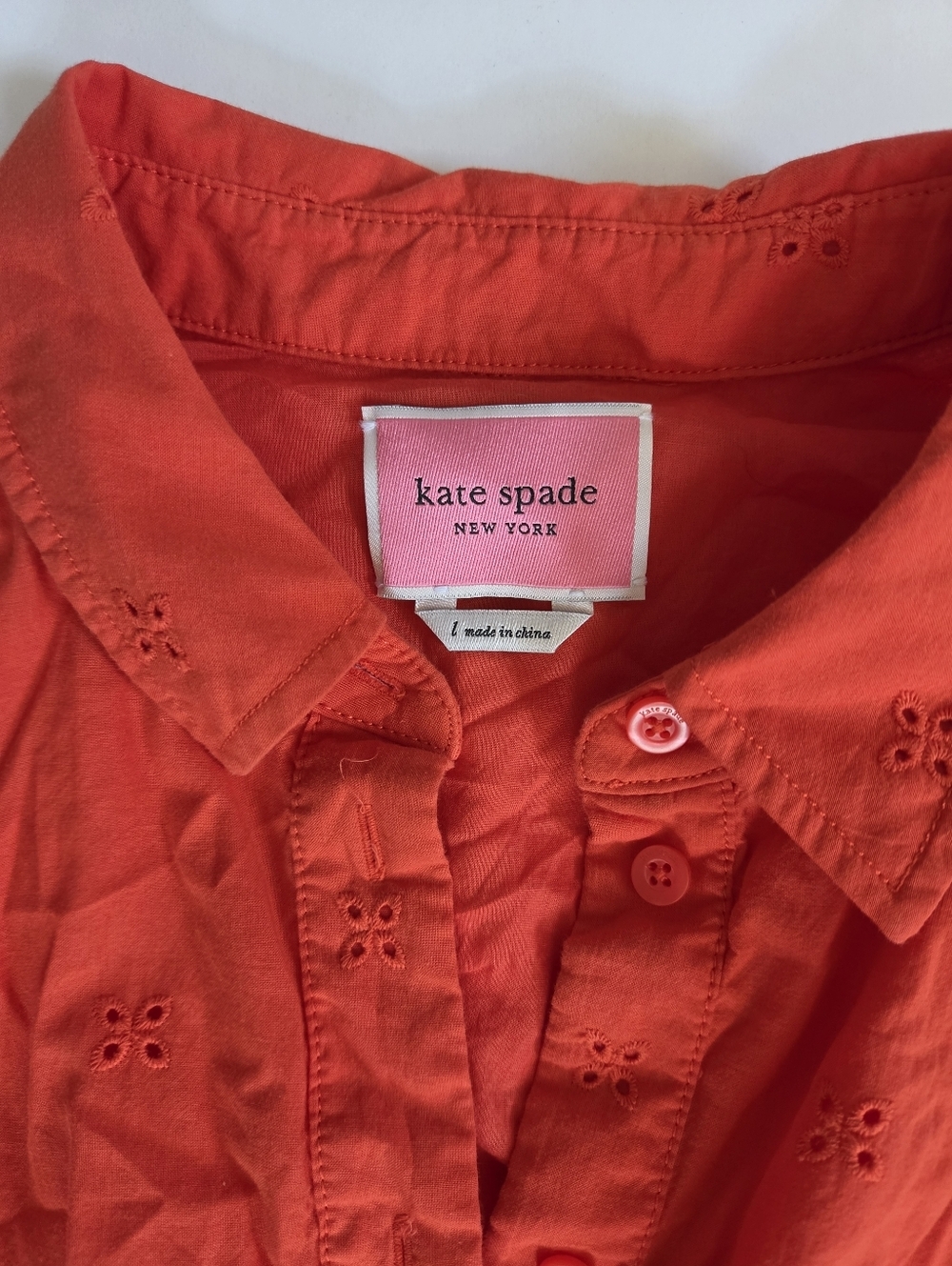 Kate Spade Tie-Waist Eyelet midi cotton shirt dress tie stretch waist sz L - Picture 5 of 10